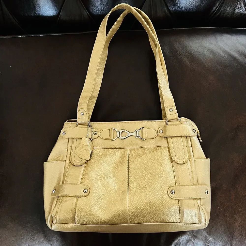 Vintage Metallic Gold Genuine Leather Soft Shoulder Bag Purse Tan Hobo Boho